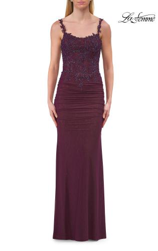 Picture of: Rhinestones Lace Fitted Gown with Scoop Neck and Low Back in Dark Berry, Style: 33721, Detail Picture 17