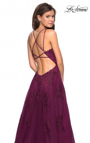 Picture of: Tulle Prom Dress with Lace Bodice and Strappy Back in Burgundy, Style: 27143, Back Picture