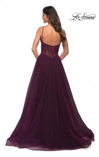 Picture of: Tulle A-line Prom Dress with Corset Sheer Bodice in Dark Berry, Back Picture
