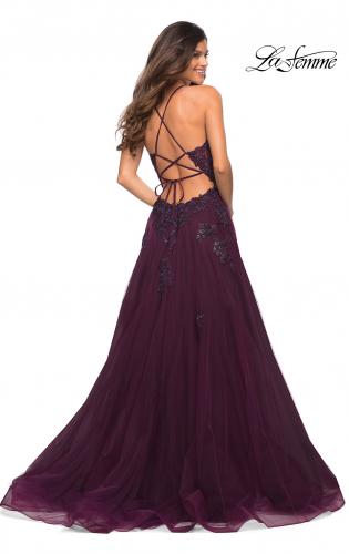 Picture of: Tulle A-line Dress with Jeweled Lace Appliques in Dark Berry, Back Picture