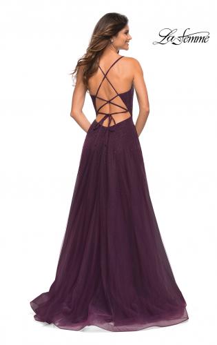 Picture of: Rhinestone and Tulle Gown with A-line Skirt in Dark Berry, Back Picture