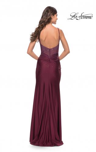 Picture of: Jersey Long Dress with Sheer Rhinestone Embellished Bodice in Dark Berry, Style: 31244, Back Picture