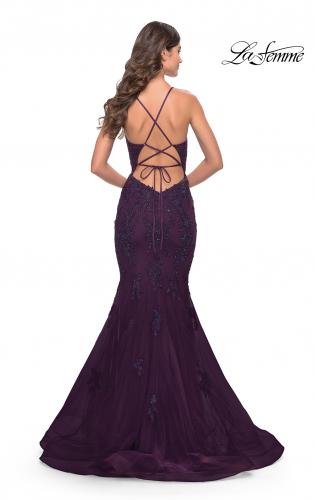 Picture of: Beautiful Mermaid Lace Applique Gown with Open Back in Dark Berry, Style: 31316, Back Picture