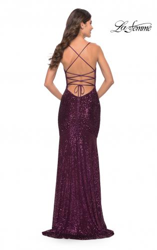 Picture of: Lace Up Back Sequin Gown with Flare Skirt in Dark Berry, Style: 31508, Back Picture
