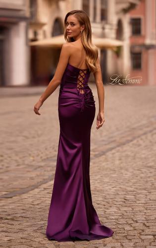 Picture of: Strapless Satin Evening Dress with Ruching and Lace Up Back in Dark Berry, Style: 32952, Back Picture