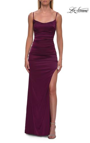 Picture of: Satin Fitted Gown with High Slit and Adjustable Spaghetti Straps in Dark Berry, Style: 33413, Detail Picture 20
