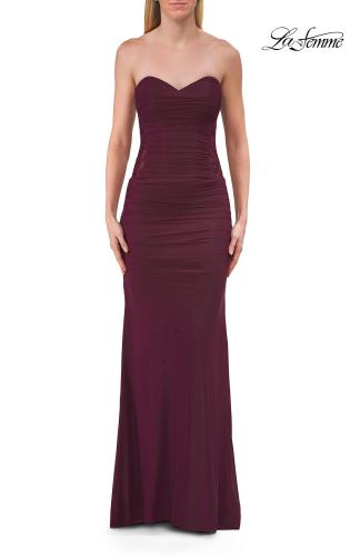 Picture of: Strapless Mesh Evening Gown with Ruching and Sheer Beaded Back in Dark Berry, Style: 33431, Detail Picture 20