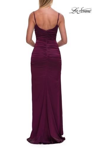 Picture of: Satin Fitted Gown with High Slit and Adjustable Spaghetti Straps in Dark Berry, Style: 33413, Detail Picture 21