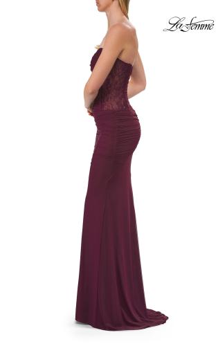 Picture of: Strapless Mesh Evening Gown with Ruching and Sheer Beaded Back in Dark Berry, Style: 33431, Detail Picture 22