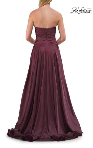 Picture of: Strapless Satin A-Line Gown with Draped Bodice and High Slit in Dark Berry, Style: 33417, Detail Picture 24