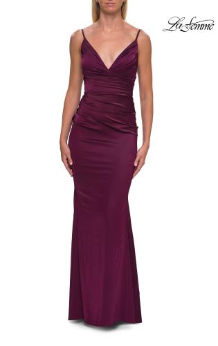 Picture of: Satin Fitted Gown with Gathered Bodice and Spaghetti Straps in Dark Berry, Style: 33421, Detail Picture 26