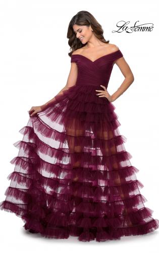 Picture of: Sheer Layered Tulle Off the Shoulder Prom Gown in Burgundy, Style: 28804, Detail Picture 1