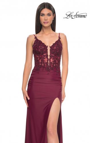 Picture of: Sheer Lace Top with Ruched Jersey Skirt Prom Dress in Dark Berry, Style: 32132, Detail Picture 1