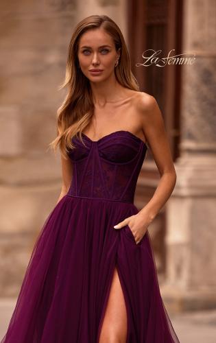 Picture of: A-line Tulle Gown with Lace Corset Bodice and Slit in Dark Berry, Style: 32579, Detail Picture 1