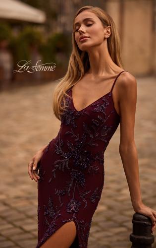 Picture of: Beautiful Beaded Evening Gown with V Neckline and Open Back in Dark Berry, Style 33054, Detail Picture 1