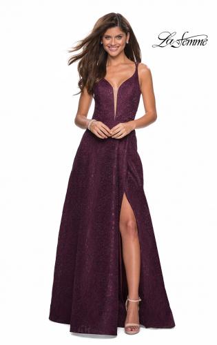 Picture of: Lace Prom Dress with Illusion Neckline and Slit in Burgundy, Style: 27612, Detail Picture 2