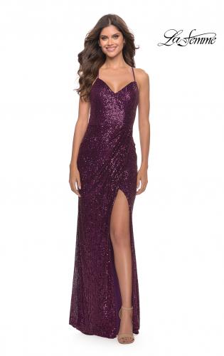 Picture of: Long Sequin Prom Dress with Open Lace Up Back in Dark Berry, Style: 30290, Detail Picture 2