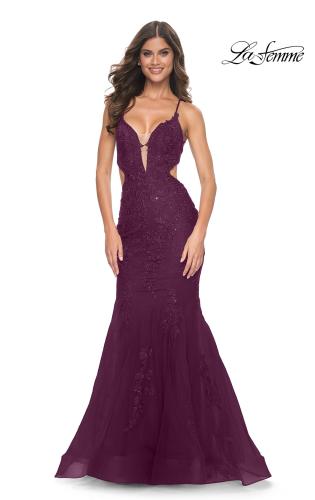 Picture of: Lace and Tulle Mermaid Gown with Side Cut Outs in Jewel Tones in Dark Berry, Style 31132, Detail Picture 2
