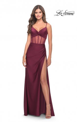 Picture of: Illusion Bodice Dress with Boning and Twist Detail in Dark Berry, Style: 31229, Detail Picture 2