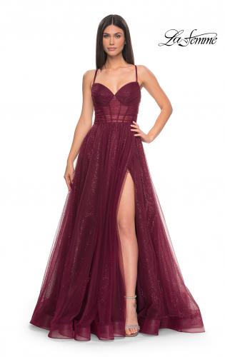 Picture of: A-Line Prom Dress with Sequin Lining and Illusion Top in Dark Berry, Style: 31986, Detail Picture 2