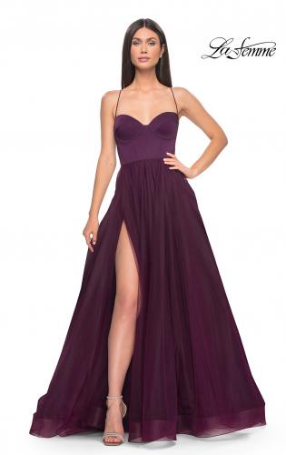 Picture of: Tulle A-Line Gown with Satin Bustier Top in Dark Berry, Style: 32065, Detail Picture 2