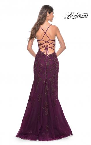 Picture of: Long Tulle Gown with Stunning Beaded Lace Applique Details in Dark Berry, Style: 32307, Detail Picture 2