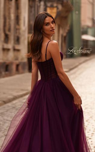 Picture of: Tulle Prom Dress with A-Line Skirt and Ruched Corset Top in Dark Berry, Style 32700, Detail Picture 2