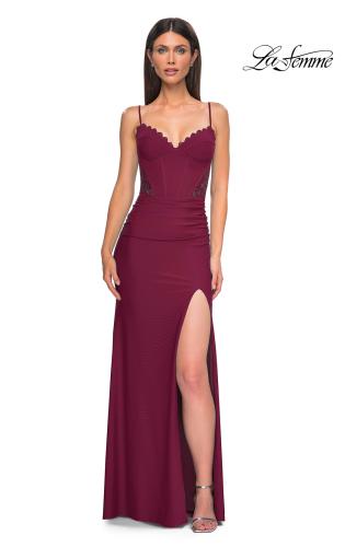 Picture of: Unique Jersey Prom Dress with Lace Panels and Scallop Neckline in Dark Berry, Style 32983, Detail Picture 2