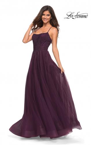 Picture of: Rhinestone and Tulle Gown with A-line Skirt in Dark Berry, Detail Picture 3