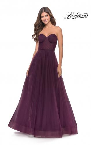 Picture of: Illusion Bodice A-line Gown with Boning and Defined Cups in Dark Berry, Style: 31205, Detail Picture 3