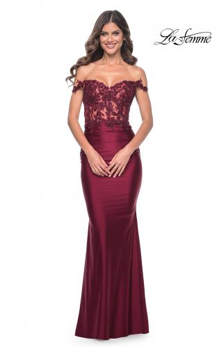 Picture of: Sheer Lace Bodice with Off the Shoulder Straps and Jersey Skirt Gown in Dark Berry, Style: 32302, Detail Picture 3