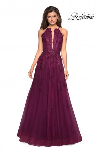 Picture of: Tulle Prom Dress with Lace Bodice and Strappy Back in Burgundy, Style: 27143, Detail Picture 4