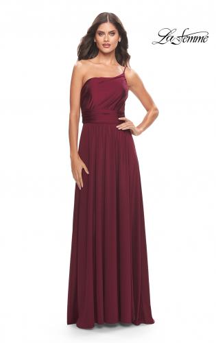 Picture of: Chic One Shoulder Long Jersey Gown with Defined Waist in Dark Berry, Style: 31170, Detail Picture 4
