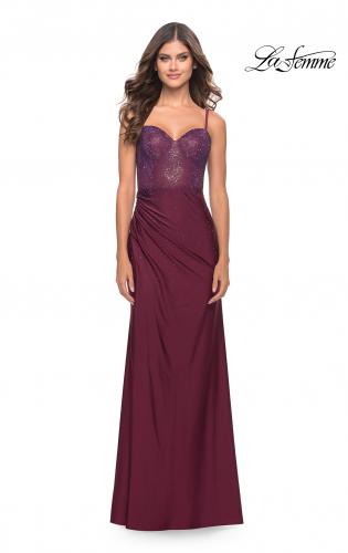Picture of: Jersey Long Dress with Sheer Rhinestone Embellished Bodice in Dark Berry, Style: 31244, Detail Picture 4