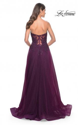 Picture of: Rhinestone Tulle A-Line Gown with Lace Bodice in Jewel Tones in Dark Berry, Style: 32253, Detail Picture 4