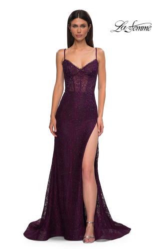 Picture of: Stretch Satin Prom Dress with Eyelet Detail Neckline in Dark Berry, Style 32671, Detail Picture 4