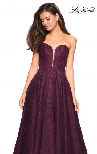 Picture of: A Line Lace Strapless Ball Gown in Burgundy, Style: 27284, Detail Picture 5