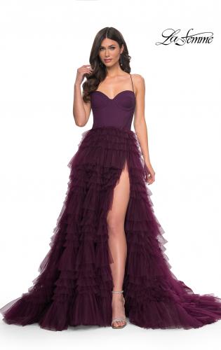 Picture of: Ruffle Tulle A-Line Dress with Satin Bustier Top in Purple, Style: 32071, Detail Picture 5