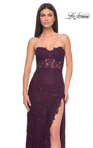 Picture of: Jewel Tone Embroidered Lace Fitted Prom Dress with Lace Edge Slit in Dark Berry, Style: 32437, Detail Picture 5