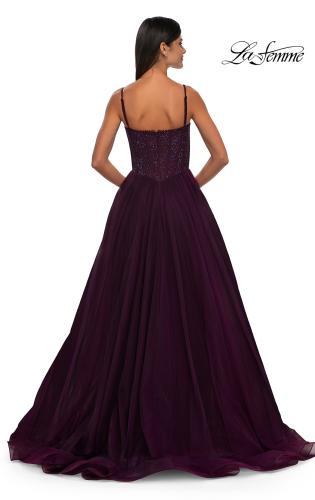 Picture of: Beautiful A-line Tulle Dress with Eyelet Neckline and Lace Top in Dark Berry, Style: 32594, Detail Picture 5