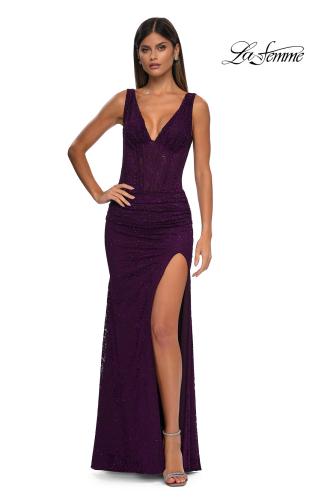 Picture of: Long Stretch Lace Prom Dress with Illusion Corset Waist in Dark Berry, Style: 32943, Detail Picture 5