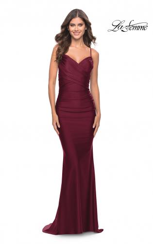 Picture of: Criss Cross Ruched Bodice Elegant Jersey Dress in Dark Berry, Style: 31122, Detail Picture 6