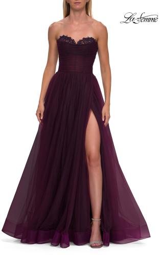 Picture of: Strapless Lace Corset Tulle Gown with Slit in Dark Berry, Style: 33363, Detail Picture 7