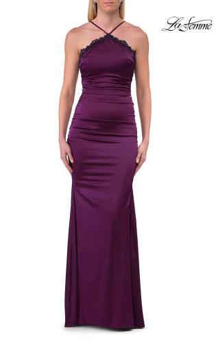 Picture of: Halter Satin Gown with Beaded Lace Trim and Open Back in Dark Berry, Style: 33735, Detail Picture 7