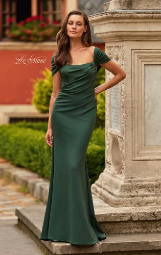Picture of: Off-the-Shoulder Ruched Jersey Gown in Dark Emerald, Style: 33584, Main Picture