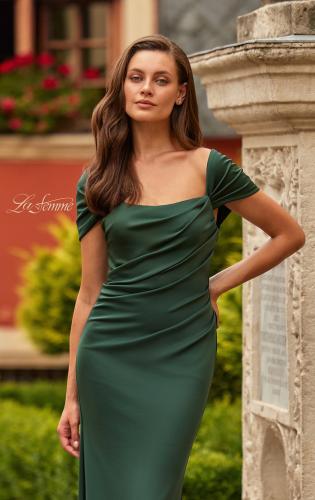 Picture of: Off-the-Shoulder Ruched Jersey Gown in Dark Emerald, Style: 33584, Detail Picture 3