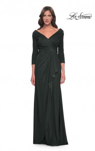 Picture of: Ruched Long Dress with Ruffle Skirt Detail and Sleeves in Dark Emerald, Style: 30845, Main Picture