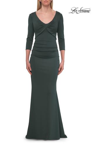 Picture of: Three-Quarter Sleeve Jersey Gown with Ruched Bodice in Dark Emerald, Style: 33540, Detail Picture 8