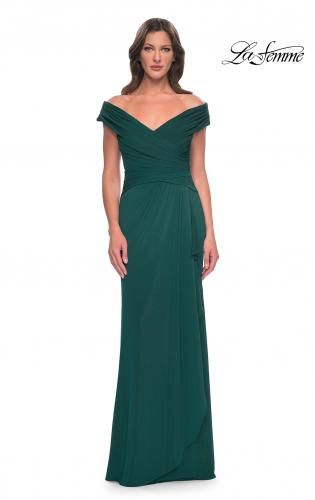 Picture of: Long Luxurious Jersey Off the Shoulder Evening Gown in Dark Emerald, Style: 30040, Detail Picture 1