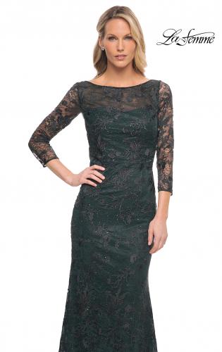 Picture of: Long Fitted Lace Gown with High Neckline and Sleeves in Green, Style: 30317, Detail Picture 1